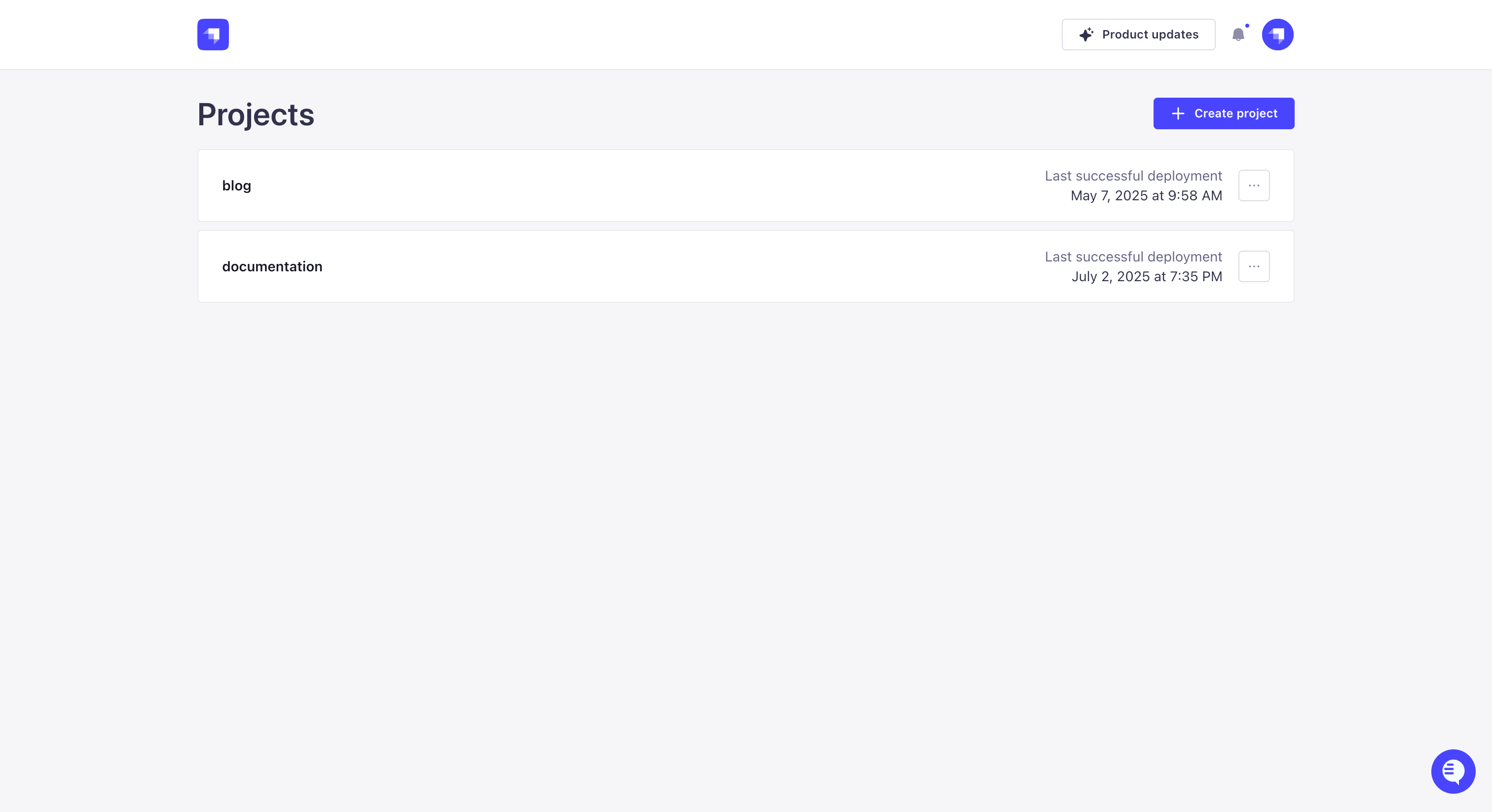 Projects page - List
